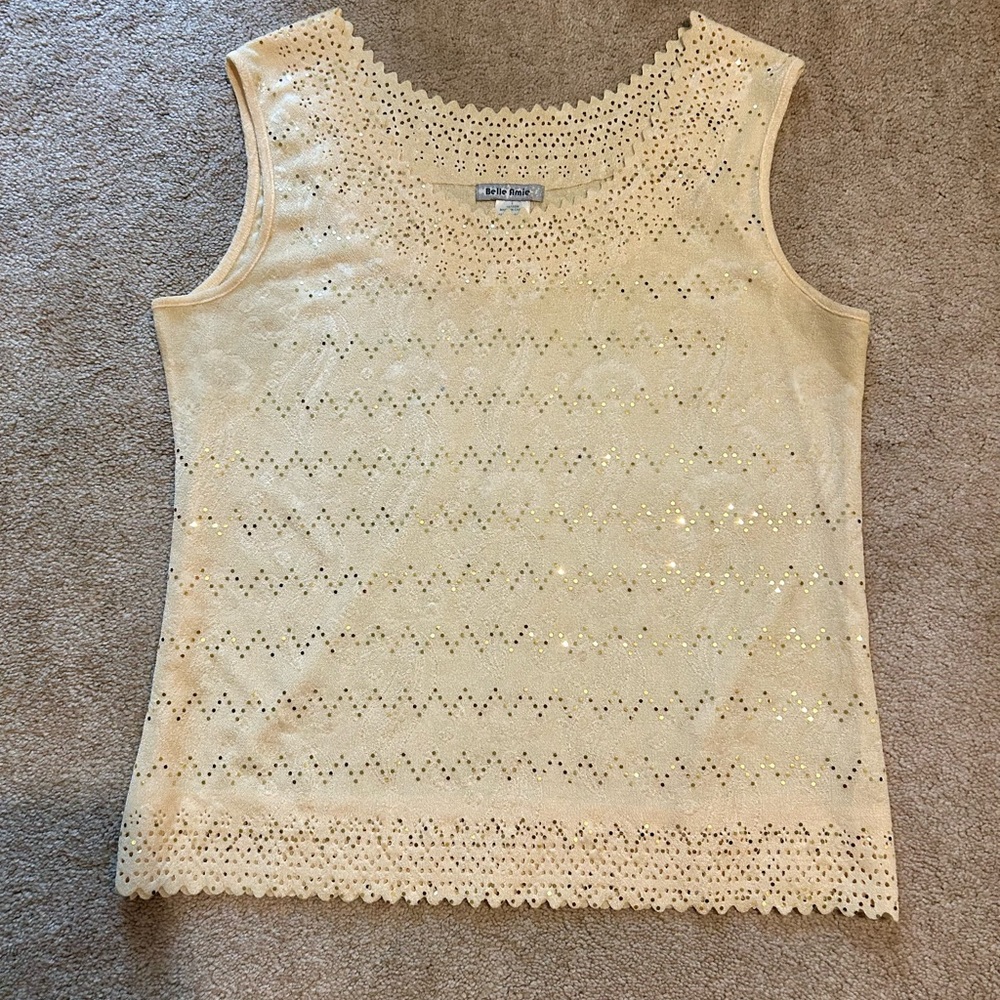 Cream Eyelet Lace Tank Top Scalloped Hem Sequin Detail Boho Feminine L - Picture 4 of 7